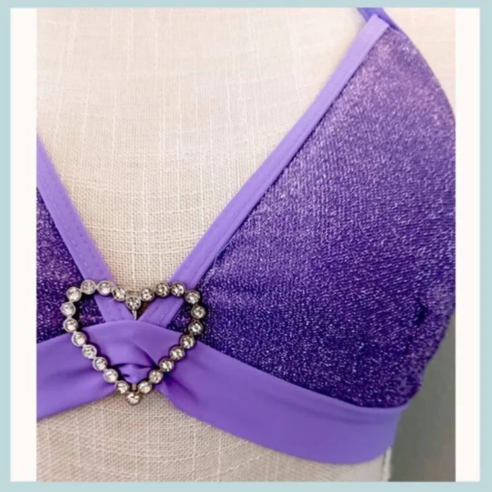 Purple Heart Glitter Bikini Top Size M/L, Triangle Bikini Top with Heart Pin - Picture 3 of 7